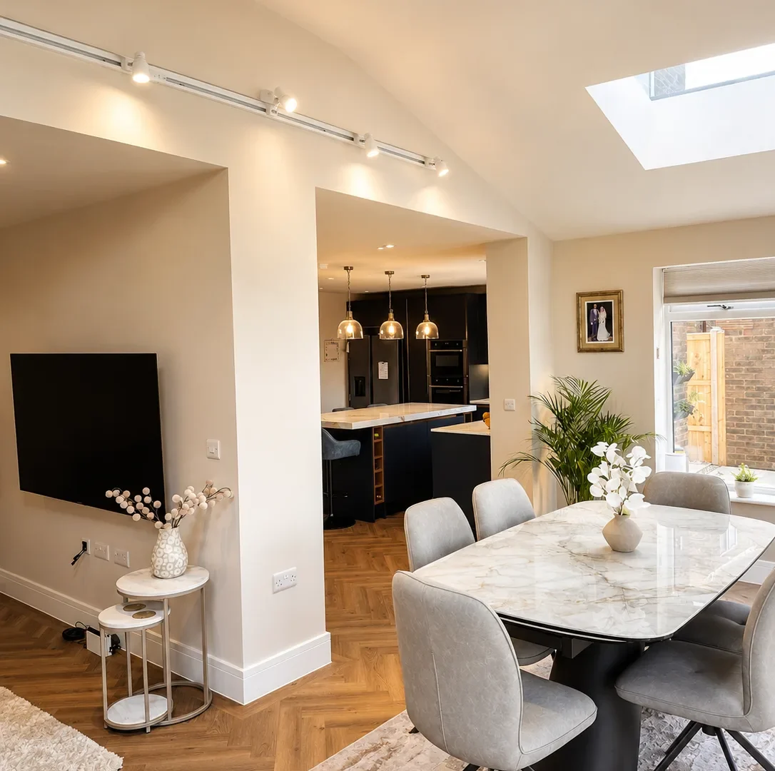 Dining area with a marble table and rooflight looking through to a navy kitchen extension