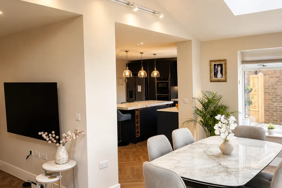 Dining area with a marble table and rooflight looking through to a navy kitchen extension