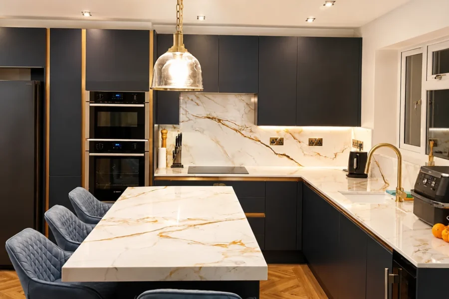 Handleless navy kitchen with marble effect quartz worktops and splashback, and integrated double ovens