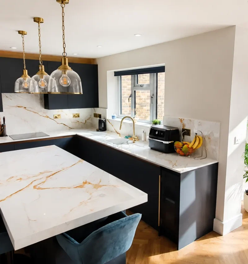 Open-plan kitchen extension with a marble effect island, brass pendant lights and herringbone flooring