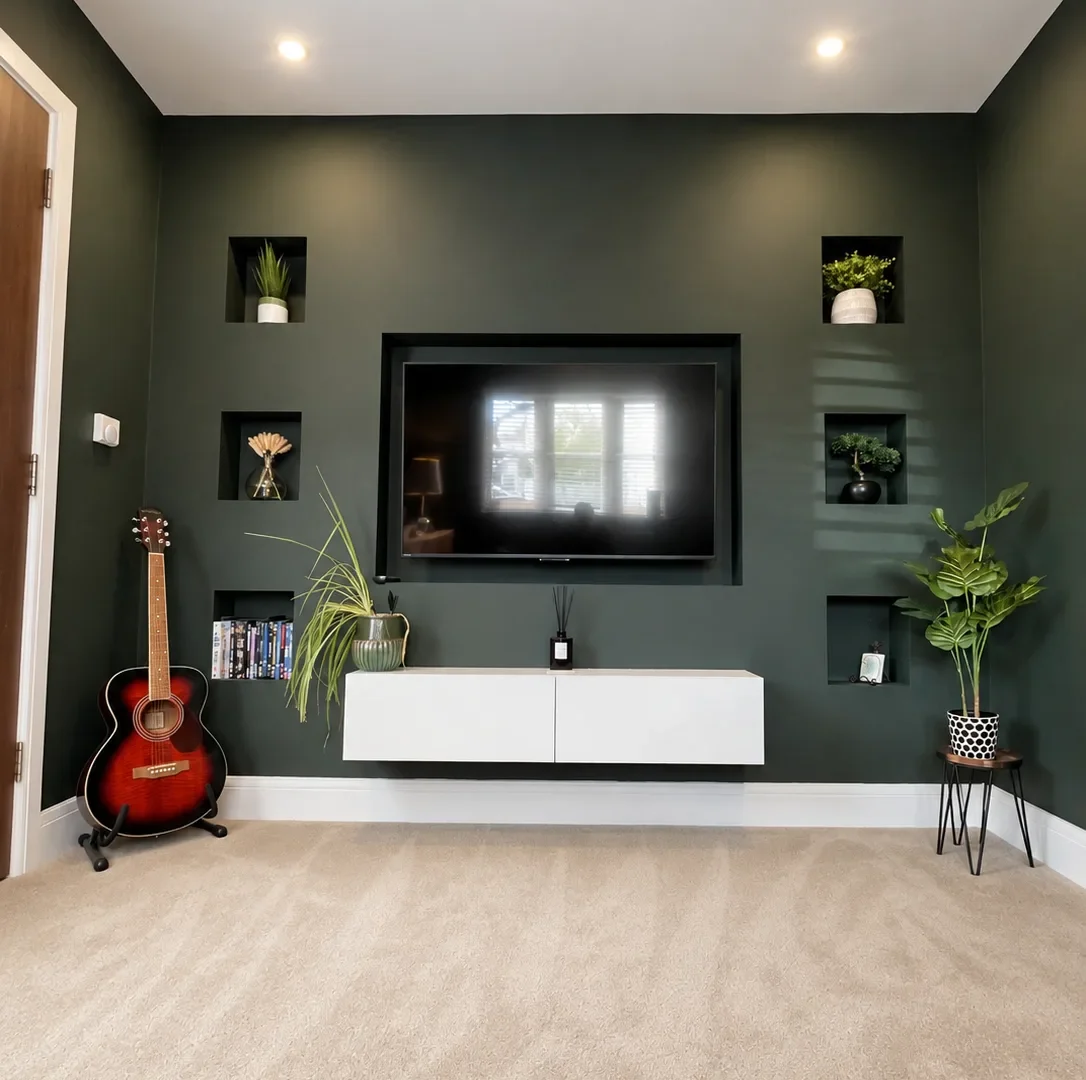 Bespoke green media wall with a recessed TV, six lit alcoves and a floating cabinet over cream carpet