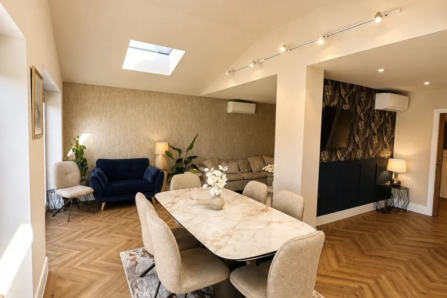 Vaulted open-plan dining area with two lantern rooflights, marble dining table and herringbone flooring